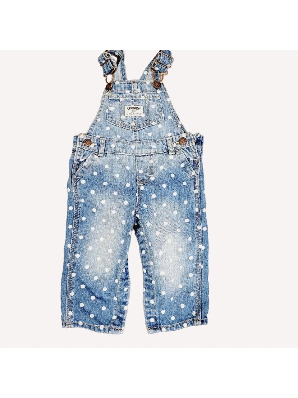 OshKosh Bgosh Baby Girls Polka Dot Denim Overalls Size 9M Adjustable Straps - Picture 1 of 5